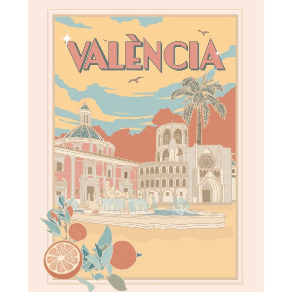 Una ilustración de Vir Palmera en la que se ve la Plaza de la Virgen en Valencia, con la Catedral, la basílica y la fuente; València en grande y unas naranjas en una esquina.