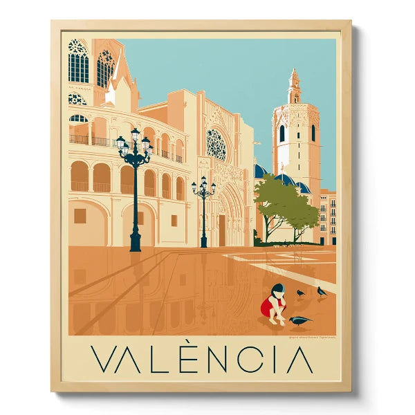 Print de Valencia con una niña alimentando a las palomas en la Plaza de la Virgen con la catedral y el Miguelete al fondo