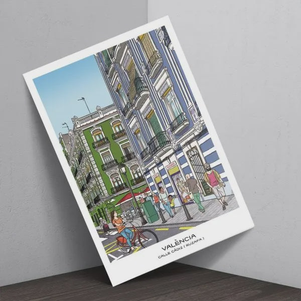 Postal con ilustración de la calle Cádiz, en el barrio de Ruzafa, en Valencia