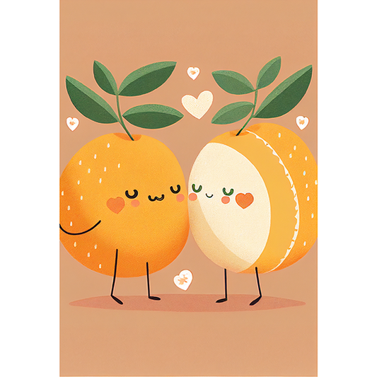 ilustración con dos naranjas kawaii enamoradas
