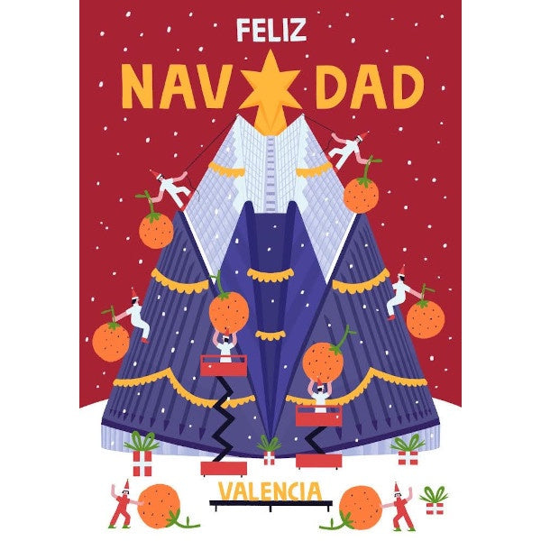 Postal de felicitación de Navidad de Valencia ilustrada por Diego Blanco con el Ágora de la ciudad de las Artes y las Ciencias adornada como un árbol de Navidad con naranjas