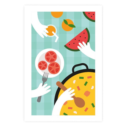 Postal ilustrada por Elisa Talens con una mesa con mantel a cuadros en la que vemos sandía, naranjas, zumo, tomates y una paella valenciana