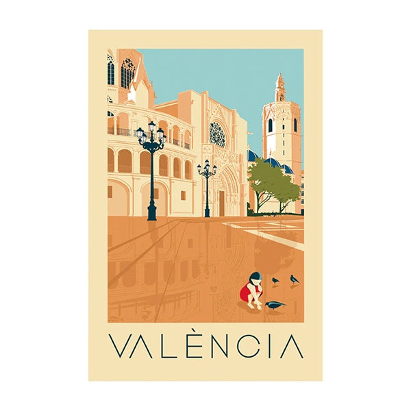 Postal de Valencia de una niña dándole de comer a las palomas en la Plaza de la Virgen con la torre de la catedral al fondo