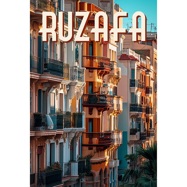 postal del barrio de Ruzafa en Valencia en la que se ven varios balcones de edificios muy bonitos