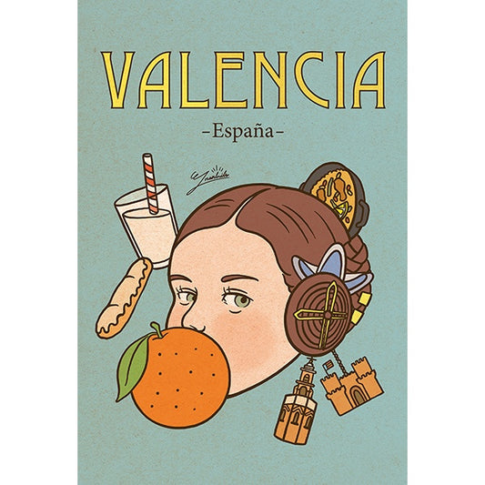 Postal de recuerdo de Valencia con la cara de una fallera y elementos típicamente valencianos como una paella, una naranja, horchata y fartons, la catedral o las torres de serrano