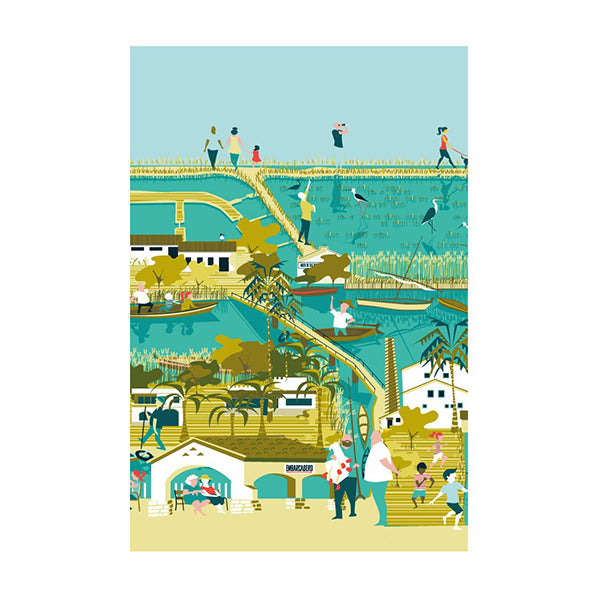 Postal con ilustración de la albufera de Valencia con embarcaderos, barcas, cigueñas, niños jugando, parejas de paseo o haciendo fotos, palmeras y barracas