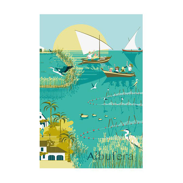 Postal Albufera de Valencia con ilustración de gente paseando en barca con garzas y patos