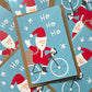 Muchas felicitaciones navideñas ilustradas por Elisa Talens con santa claus montado en bicicleta