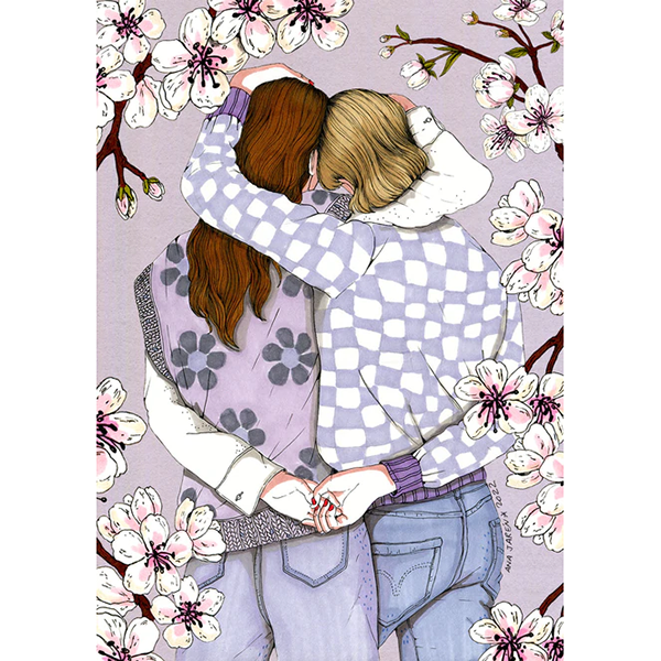 Ilustración de Ana Jarén de dos mujeres con los brazos entrelazados bajo un almendro en flor