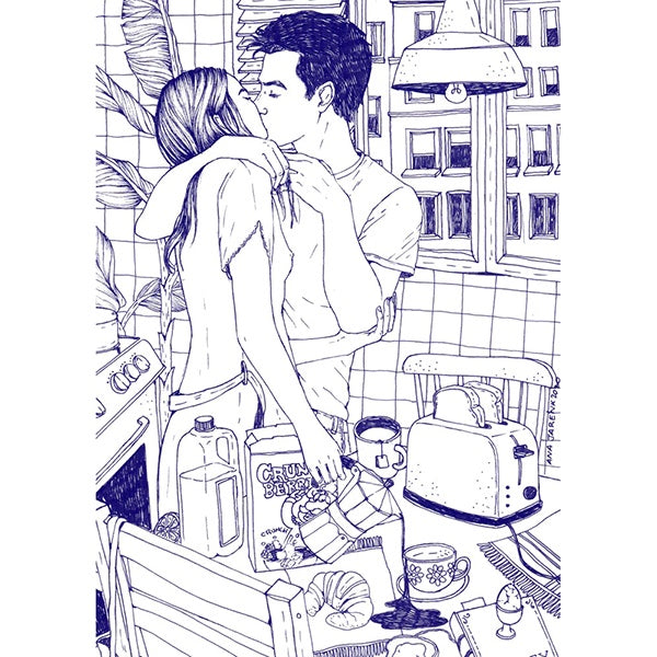 ilustración de Ana Jarén de una pareja hetero dándose un beso apasionado durante el desayuno en línea azul sobre fondo blanco