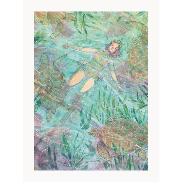Ilustración a la acuarela de la ilustradora Esther Gili con una chica en bikini flotando en el agua rodeada de tortugas. 