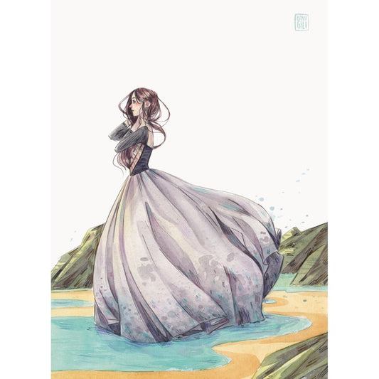 ilustración a la acuarela de la ilustradora Esther Gili de una mujer con vestido vaporoso entrando en el agua
