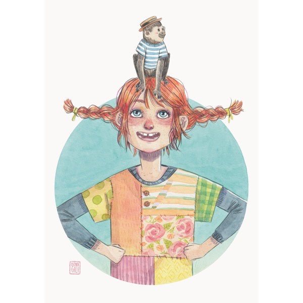 Colorida ilustración en acuarela de Pippi Calzaslargas por la ilustradora Esther Gili 