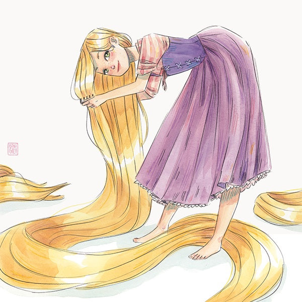 Ilustradción de Rapunzel con su largo pelo rubio por la ilustradora Esther Gili 