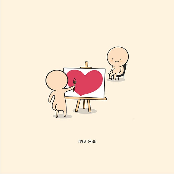 Ilustración cuqui de María Gómez de una persona pintándole a otra un corazón en un lienzo como si fuera su retrato