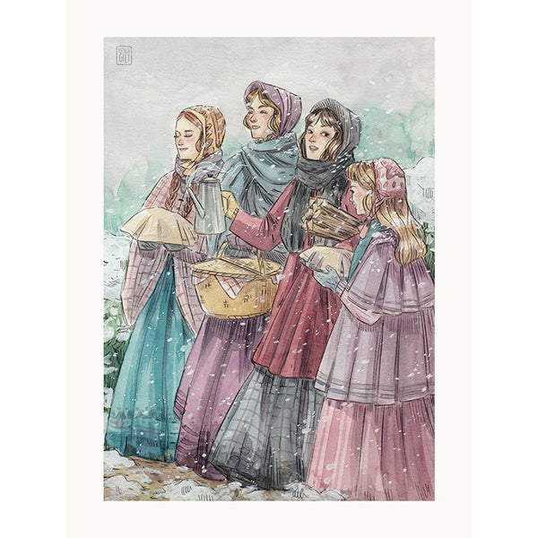 Ilustración de Esther Gili inspirada en Mujercitas, de Louisa M. Alcott. Las cuatro hermanas bajo la nieve con cestas, una cafetera y vestidas de época
