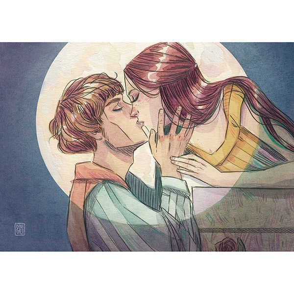 Ilustración de Romeo y Julieta besándose en el balcón iluminados por la luna  de Esther gili