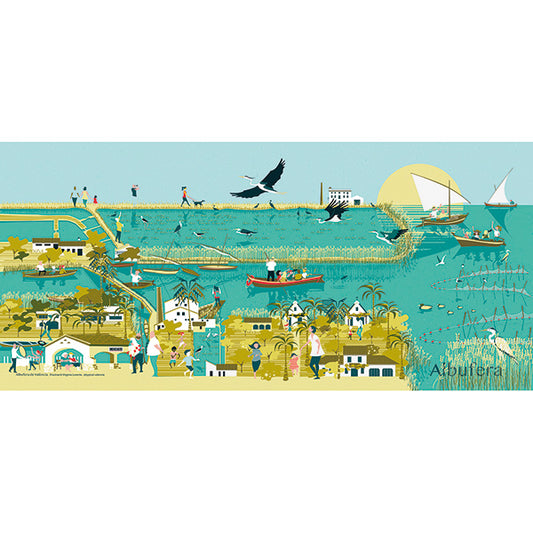 Ilustración de Virginia Lorente del parque natural de La Albufera, en Valencia, en la que aparecen barcas, garzas, gente paseando, barracas y barquitos de vela