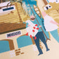 Detalle de la ilustraciñón de la albufera de Atypical Valencia, en el que se ve el embarcadero y un par de pescadores charlando