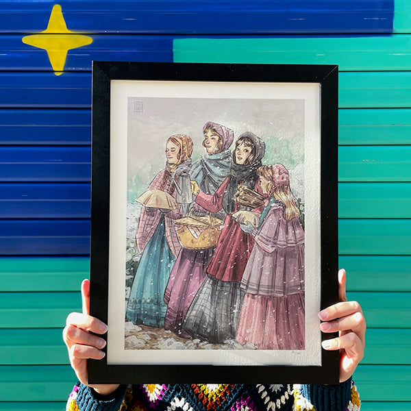 Persona sujetando la ilustración Mujercitas, de Esther Gili, en un marco negro.