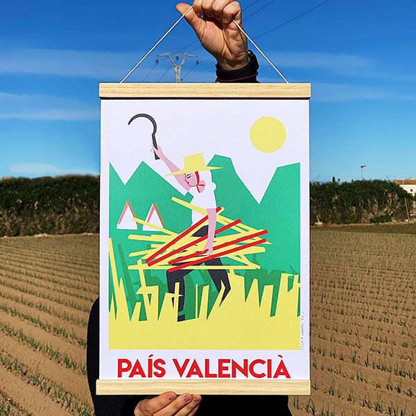 Colgador de madera para A3 con una ilustración de la huerta valenciana diseñada por Elga Fernández Lamas