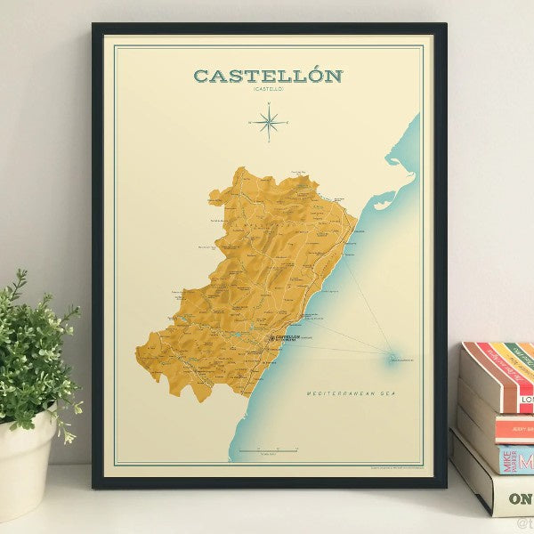 Ilustración con el mapa de la provincia de Castellón en un marco negro.