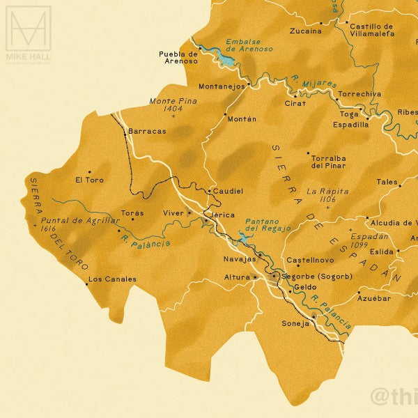 Detalle del mapa de la provincia de Castellón por el artista Mike Hall con la zona de la Sierra de Espadán entre el río Palancia y el río Mijares