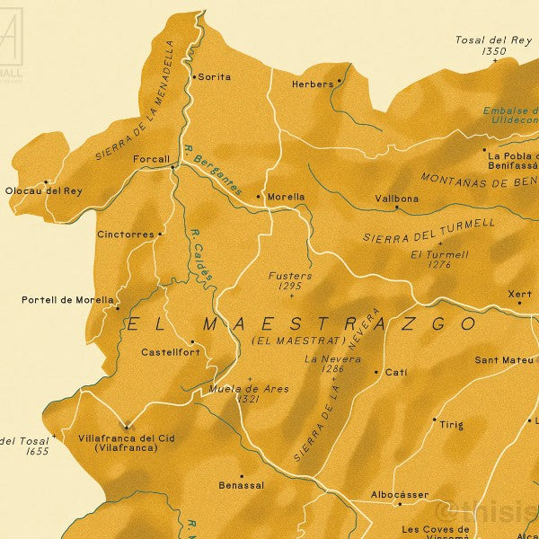 Detalle del mapa de la provincia de Castellón por el artista Mike Hall con la zona del Maestrazgo