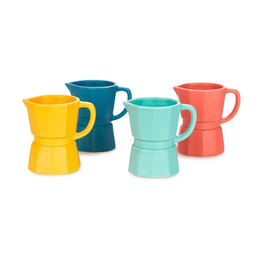 Cuatro tazas de café de cerámica de diferentes colores con forma de cafetera italiana