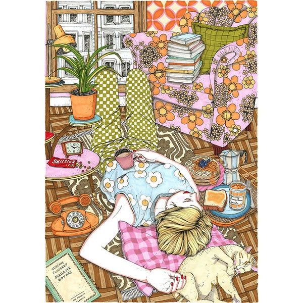 Ilustración con una chica y un gato durmiendo.