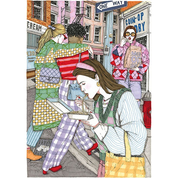 Ilustración con cuatro chicas en una calle y con comida para llevar.