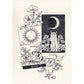 Ilustración de Laura Agustí con dos arcanos del tarot, el sol y la luna, con gatos y flores