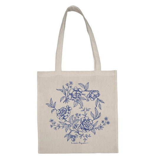 Bolsa de tela o tote bag con ilustración de flores en azul de Laura Agustí