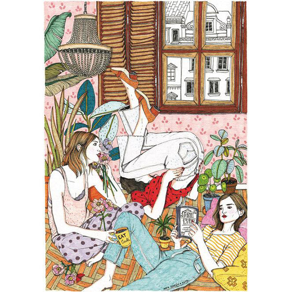 Ilustración de Ana Jarén en la que tres chicas están en una habitación llena de plantas. Una tomándo café, otra leyendo Jane Eyre y la tercera haciendo cabriolas con las piernas en alto