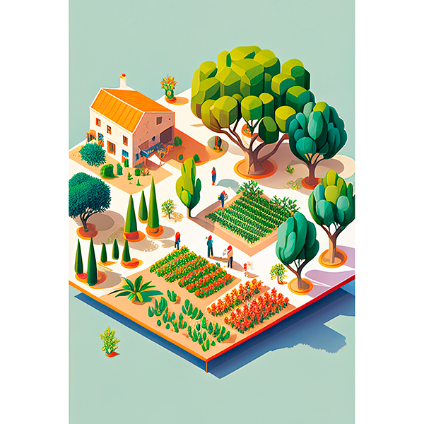 Postal con una ilustración de una huerta valenciana, con árboles, cultivos y una casa.