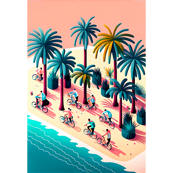 Postal con una ilustración de una playa, palmeras y un grupo de gente que va en bici