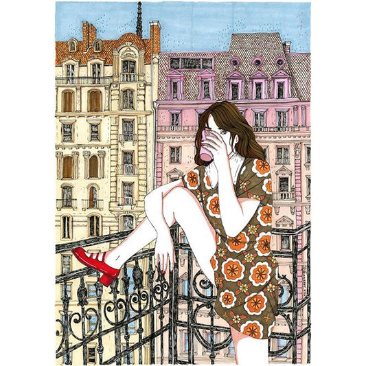Chica en un balcón con zapatos rojos bebiendo café con edificios de París al fondo