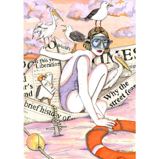 ilustracion barde de papel de ana jaren con una chica entre aves marinas sosteniendo un barco de papirlofexia