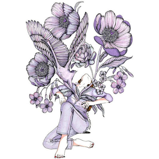 Ilustración de Ana Jarén en tonos morados de una mujer en escorzo a la que le salen del corazón flores y pájaros