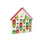 Calendario de adviento decorado con pegatinas con renos, árboles de Navidad y colores verdes, rojos, grises.
