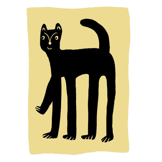 Ilustración de Meri Medino de un gato negro con un fondo amarillo.