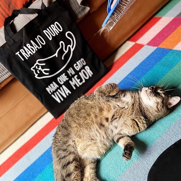 Gata atigrada haciendo la croqueta sobre una alfombra de colores junto a la tote bag de Trabajo duro para que mi gato viva mejor en Ruzafa, Valencia