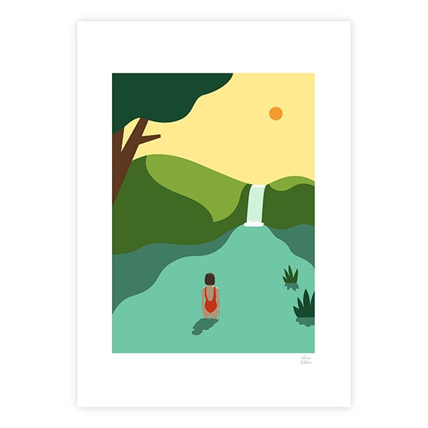 Print con ilustración de Elisa Talens de una chica de espaldas con bañador rojo mirando una cascada