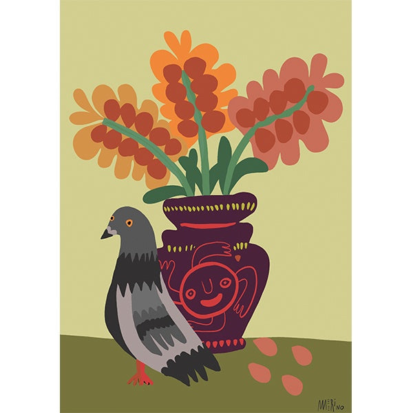 Ilustración de la artista Meri Merino de una paloma y un jarrón con flores sobre un fondo verde