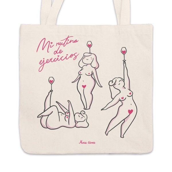 Tote bag con el texto "Mi rutina de ejercicios" y una mujer desnuda sujetando una copa de vino en varias posiciones