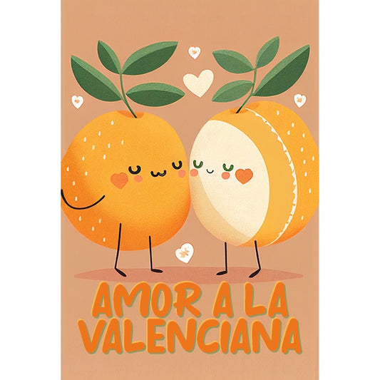 Postal con dos naranjas enamoradas y el texto "Amor a la valenciana"