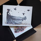 Ilustración de una mujer con un vestido negro en el pack negro con ocho postales de la ilustradora Esther Gili