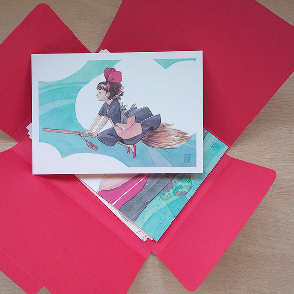 Ilustración de la bruja Kiki en el pack rojo de postales de la ilustradora Esther Gili