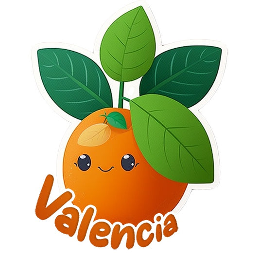 Una pegatina con forma de naranja con cara sonriente y Valencia abajo