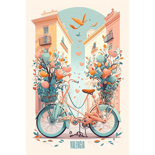 postal con una bonita ilustración de una bicicleta en Valencia